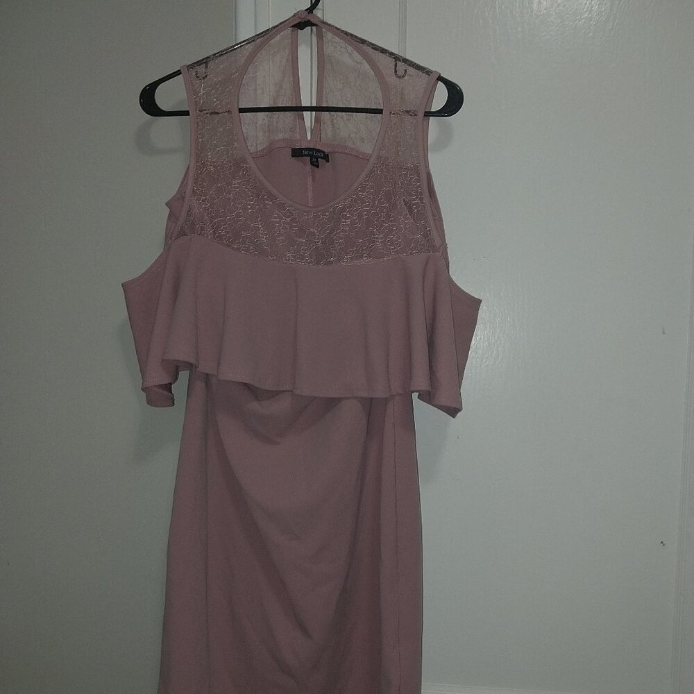 Pink Sheath Dress with Cold Shoulder and Ruffled Overlay for Wedding Guest